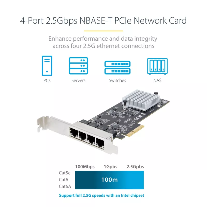 Scheda di rete StarTech.com 4 porte 2,5 Gbit/s NBASE-T PCIe, Intel I225-V, scheda di rete per computer quad-port, NIC multi-gigabit, scheda LAN server PCI Express, interfaccia Ethernet desktop