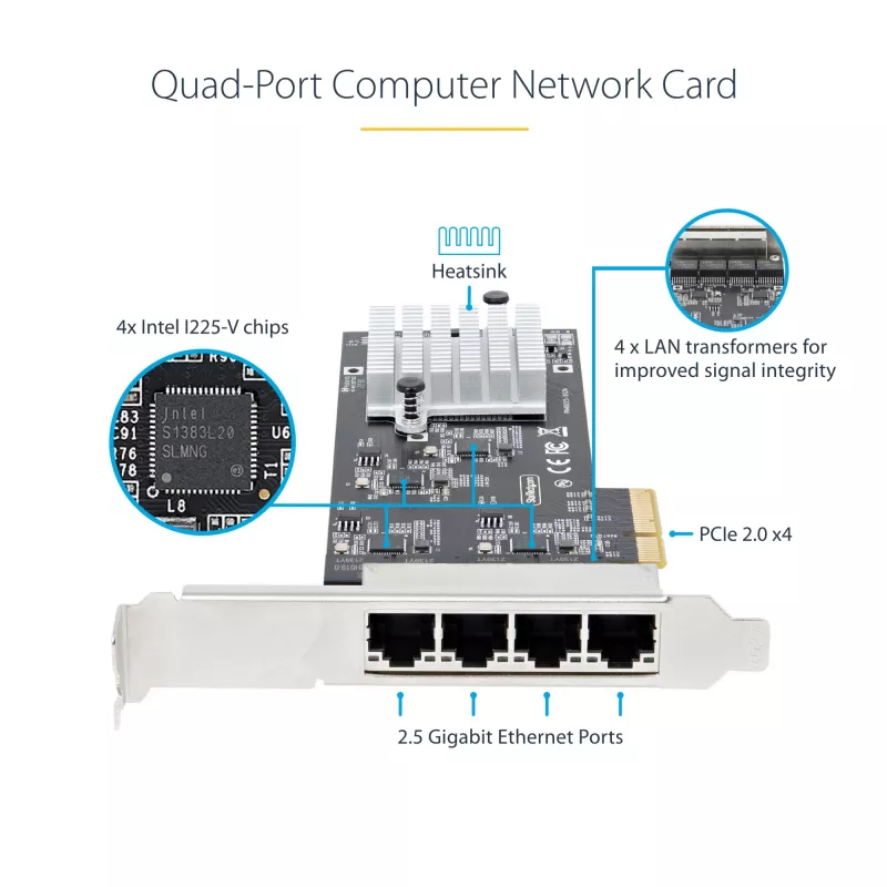 Scheda di rete StarTech.com 4 porte 2,5 Gbit/s NBASE-T PCIe, Intel I225-V, scheda di rete per computer quad-port, NIC multi-gigabit, scheda LAN server PCI Express, interfaccia Ethernet desktop