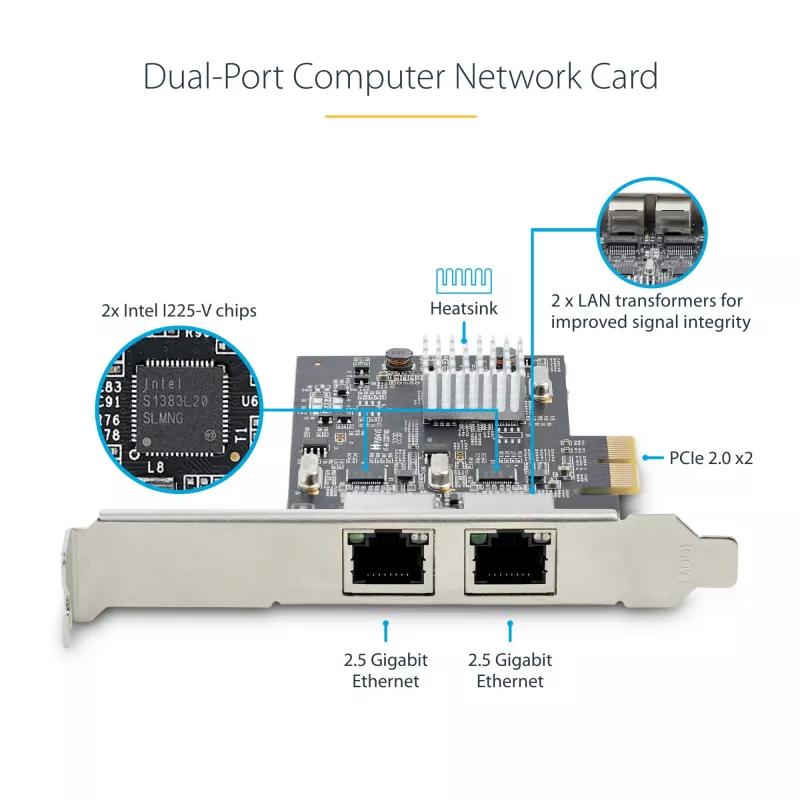 Scheda di rete StarTech.com 2 porte 2.5Gbps NBASE-T PCIe, Intel I225-V, scheda di rete per computer dual-port, NIC multi-gigabit, scheda LAN server PCI Express, interfaccia Ethernet desktop