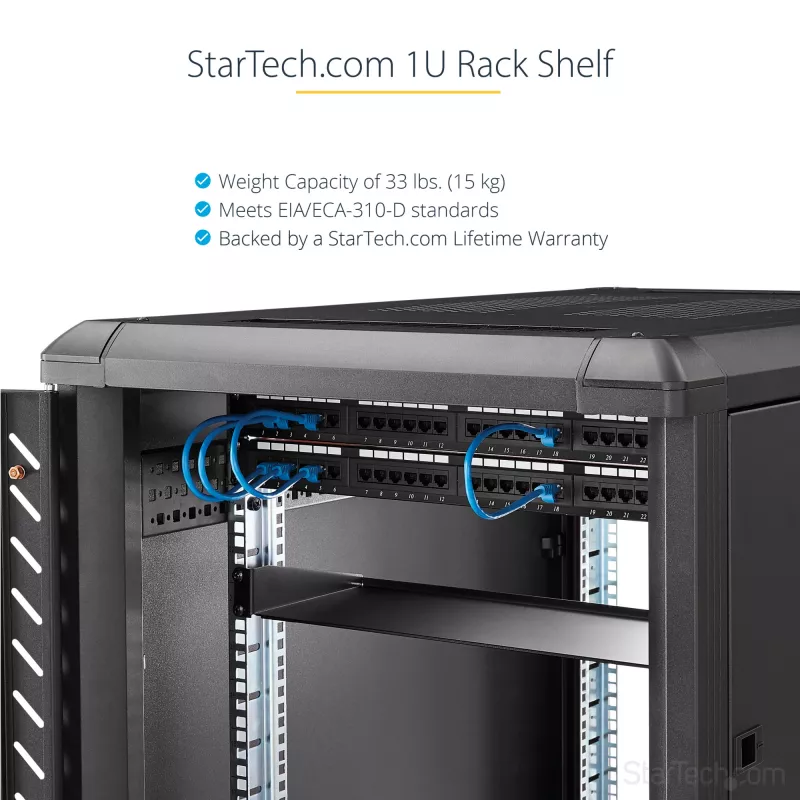 StarTech.com CABSHELF1U ripiano 1U per rack server, ripiano a sbalzo fisso per rack/armadio da 19 pollici, profondità 17,7 cm (7 pollici), portata 15 kg (33 lb), con dadi a gabbia e viti, nero