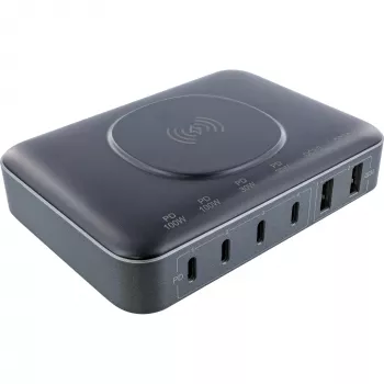 InLine Qi Powerstation Multiport caricabatterie, 4x USB-C + 2x USB-A, GaN 100 W, ricarica wireless 15 W, nero (31517K)