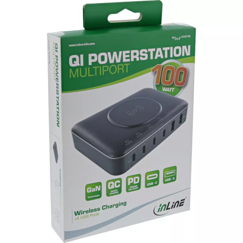 InLine Qi Powerstation Multiport caricabatterie, 4x USB-C + 2x USB-A, GaN 100 W, ricarica wireless 15 W, nero (31517K)
