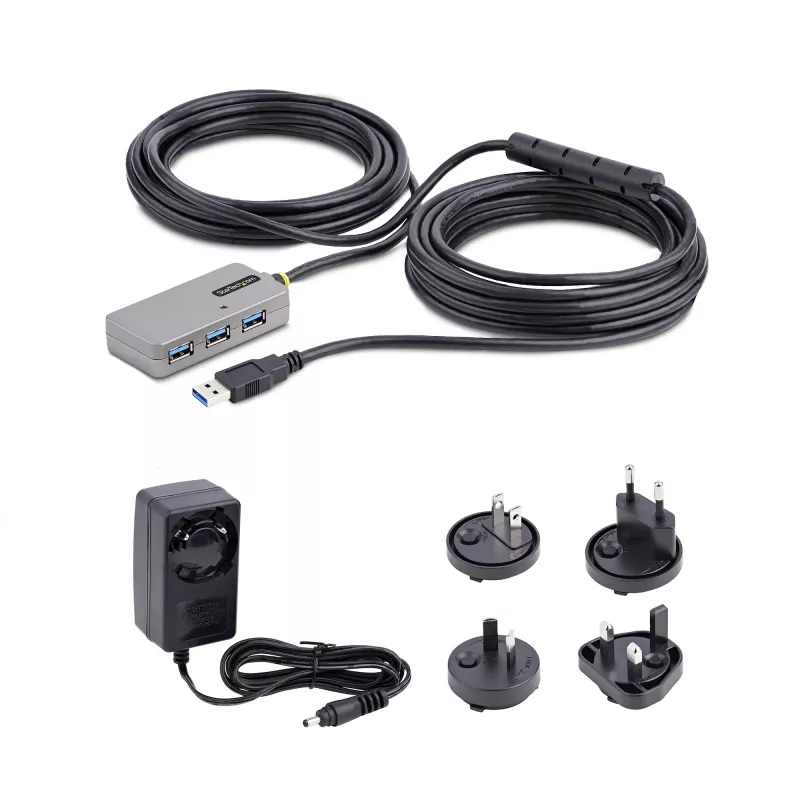 Hub extender USB StarTech.com, cavo di prolunga USB 3.0 da 10m con hub USB-A a 4 porte, cavo ripetitore USB attivo/alimentato dal bus, alimentatore opzionale da 20W incluso, protezione ESD