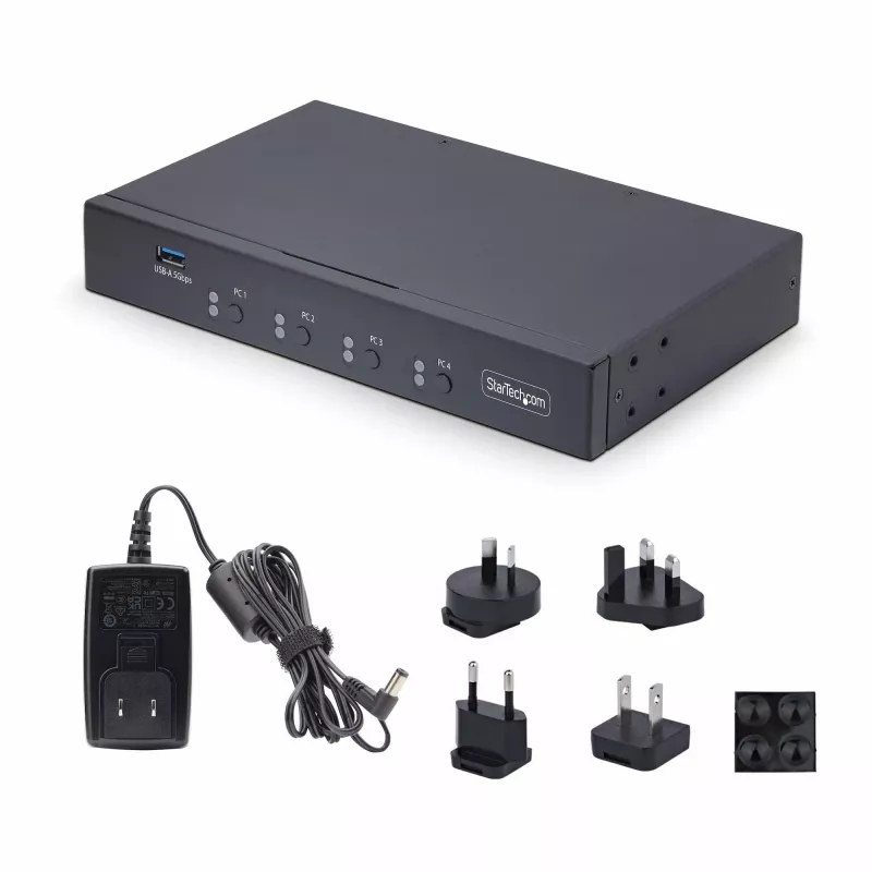 Switch KM StarTech.com a 4 porte con commutazione del mouse, switch USB per tastiera/mouse, audio 3,5mm/USB, condivisione periferiche per 4 computer, conforme TAA