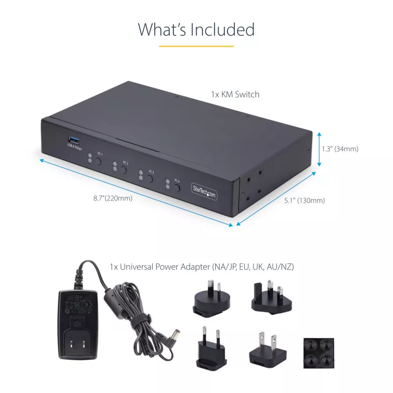 Switch KM StarTech.com a 4 porte con commutazione del mouse, switch USB per tastiera/mouse, audio 3,5mm/USB, condivisione periferiche per 4 computer, conforme TAA