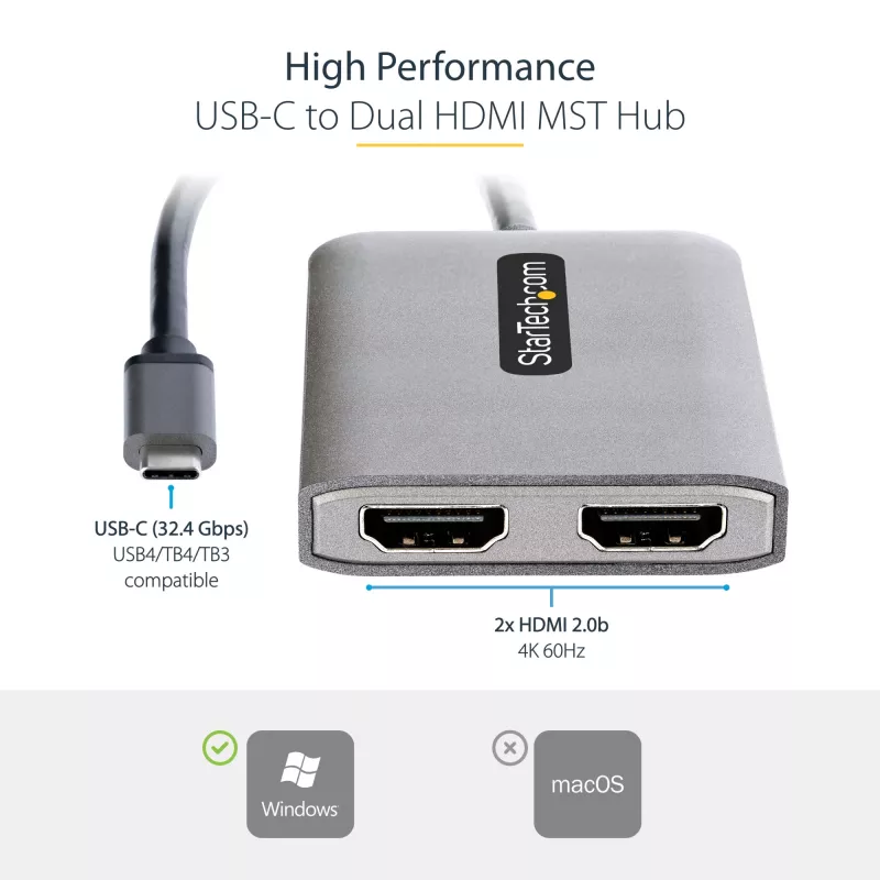 Hub MST USB-C a doppio HDMI StarTech.com - doppio HDMI 4K 60Hz - adattatore multi-monitor USB Type-C per laptop con cavo da 30cm - hub Multi-Stream Transport DP 1.4 - splitter USB-C a HDMI