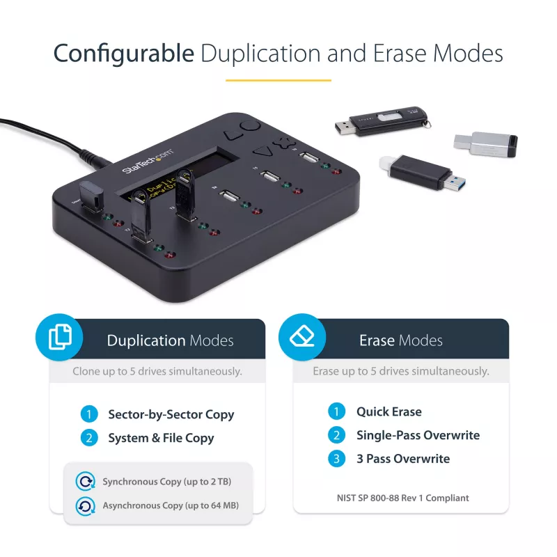 StarTech.com duplicatore e cancellatore USB standalone 1-a-5, copiatore multi-USB flash drive, copia di sistema e file e dell'intera unità a 1,5 GB/min, cancellazione singola e a 3 passaggi, display LCD – TAA