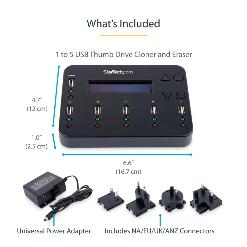 StarTech.com duplicatore e cancellatore USB standalone 1-a-5, copiatore multi-USB flash drive, copia di sistema e file e dell'intera unità a 1,5 GB/min, cancellazione singola e a 3 passaggi, display LCD – TAA
