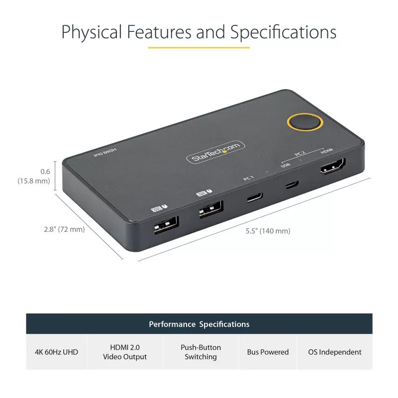 StarTech.com switch KVM ibrido 2 porte USB-A + HDMI e USB-C - monitor singolo 4K 60Hz HDMI 2.0 - switch KVM HDMI compatto da scrivania e/o laptop - alimentato via bus USB - compatibile Thunderbolt 3