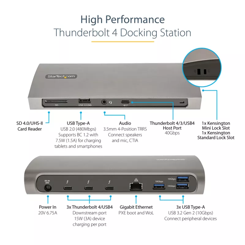 StarTech.com dock Thunderbolt 4, Power Delivery 96W, singolo 8K/dual monitor 4K 60Hz, 3xTB4/USB4 porte, 4xUSB-A, SD, GbE, docking station Thunderbolt 4 per Windows o MacBook TB3, cavo 0,8m