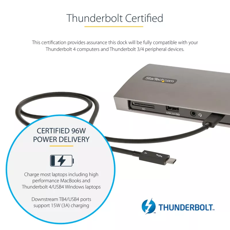 StarTech.com dock Thunderbolt 4, Power Delivery 96W, singolo 8K/dual monitor 4K 60Hz, 3xTB4/USB4 porte, 4xUSB-A, SD, GbE, docking station Thunderbolt 4 per Windows o MacBook TB3, cavo 0,8m