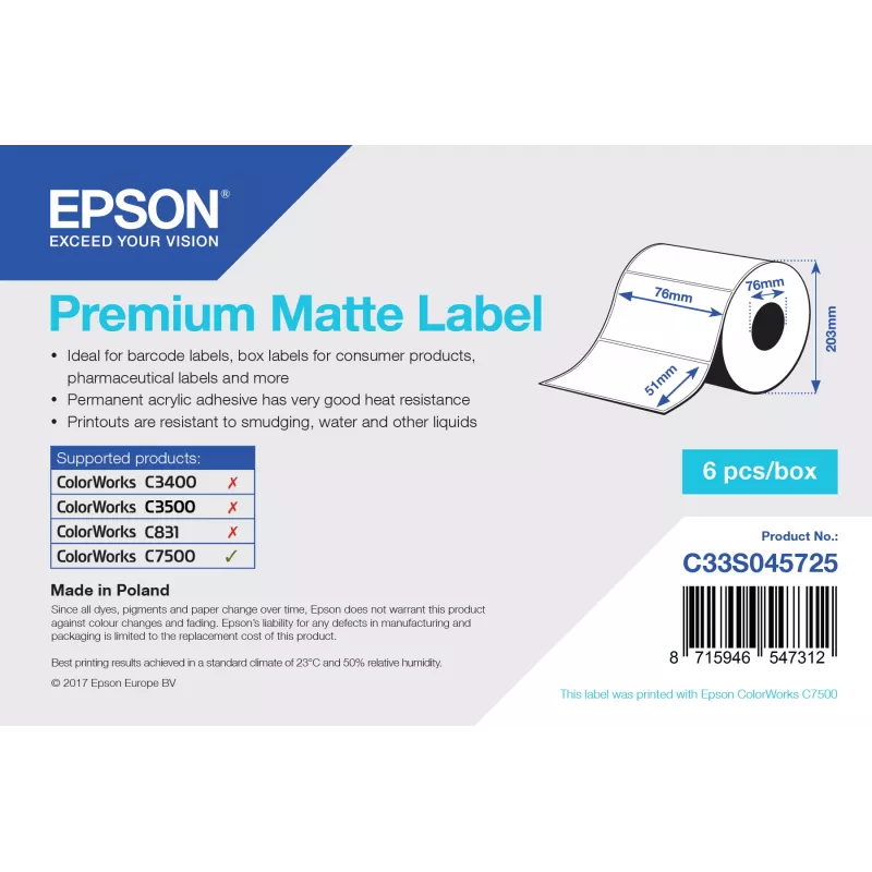 Epson Premium Matte Label - rotolo fustellato: 76 mm x 51 mm, 2310 etichette