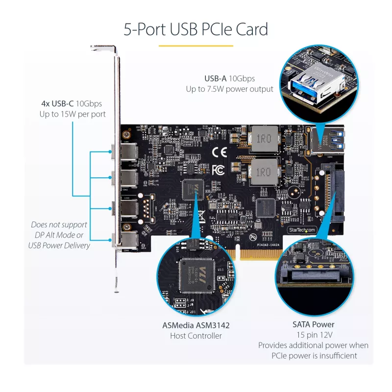 StarTech.com Scheda USB PCIe 5 porte, USB 3.2 10 Gbit/s, scheda PCI Express con 4 porte USB-C, 1 porta USB-A interna, scheda controller USB PCIe, Windows/macOS/Linux