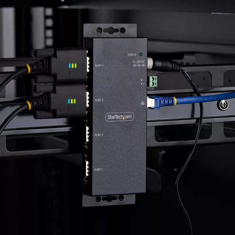 StarTech.com Adattatore seriale-Ethernet 4 porte, server seriale IP per dispositivi RS232 remoti, montaggio a parete/guida DIN, custodia in metallo, convertitore RJ45 LAN-DB9 seriale