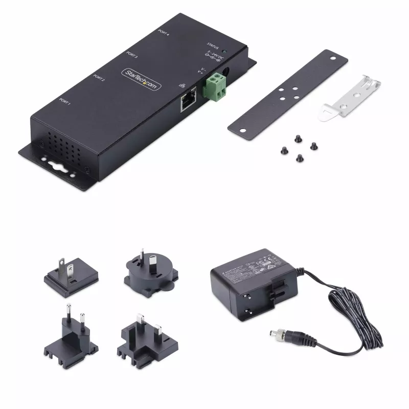 StarTech.com Adattatore seriale-Ethernet 4 porte, server seriale IP per dispositivi RS232 remoti, montaggio a parete/guida DIN, custodia in metallo, convertitore RJ45 LAN-DB9 seriale