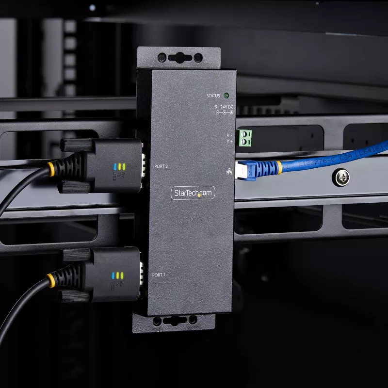 StarTech.com Adattatore seriale-Ethernet 2 porte, server seriale IP per dispositivi RS232 remoti, montaggio a parete/guida DIN, custodia in metallo, convertitore RJ45 LAN-DB9 seriale