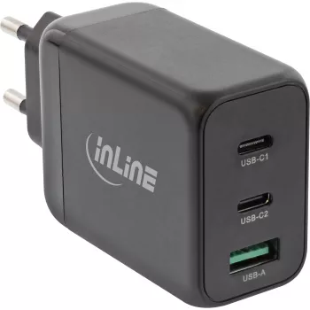 Alimentatore USB PD InLine, caricabatterie GaN, 3 porte, Dual USB-C + USB-A, 65W