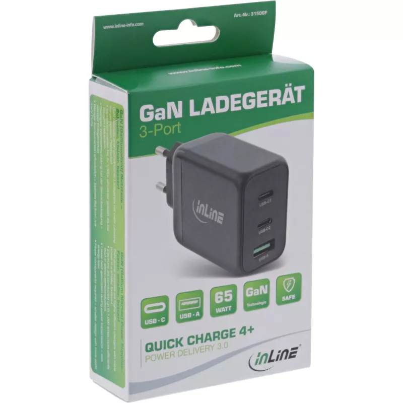 Alimentatore USB PD InLine, caricabatterie GaN, 3 porte, Dual USB-C + USB-A, 65W
