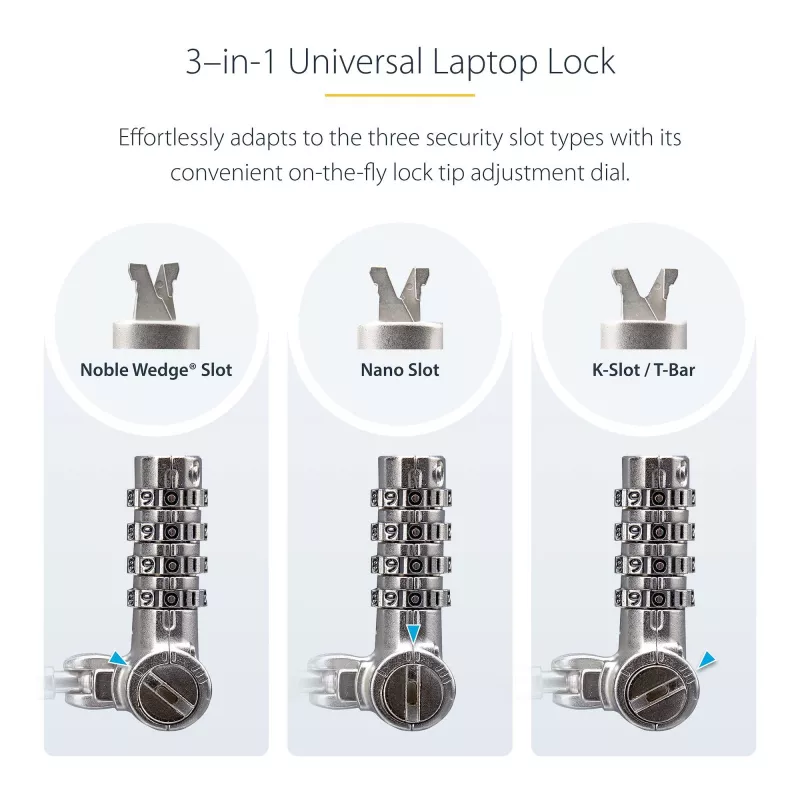 StarTech.com UNIVCS-LAPTOP-LOCK lucchetto a cavo universale per laptop, 2 m, a combinazione con numero di serie, Noble Wedge/Nano/K-Slot, nero/argento, TAA
