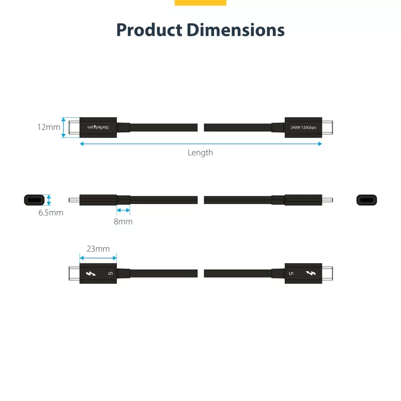 Cavo StarTech.com Thunderbolt 5 da 1,5ft (50cm), 80Gbit/s/fino a 120Gbit/s, 240W PD, 8K 60Hz, cavo Thunderbolt certificato - compatibile con Thunderbolt 4/USB4/USB-C