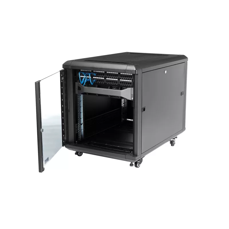 StarTech.com armadio rack 12U a 4 montanti, armadio dati 19 inch con chiusura per apparecchiature informatiche/AV/IT, rack per ufficio/rete domestica con ruote e guide di montaggio regolabili