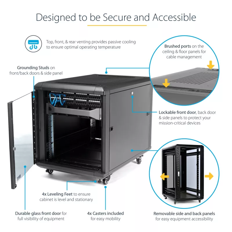 StarTech.com armadio rack 12U a 4 montanti, armadio dati 19 inch con chiusura per apparecchiature informatiche/AV/IT, rack per ufficio/rete domestica con ruote e guide di montaggio regolabili