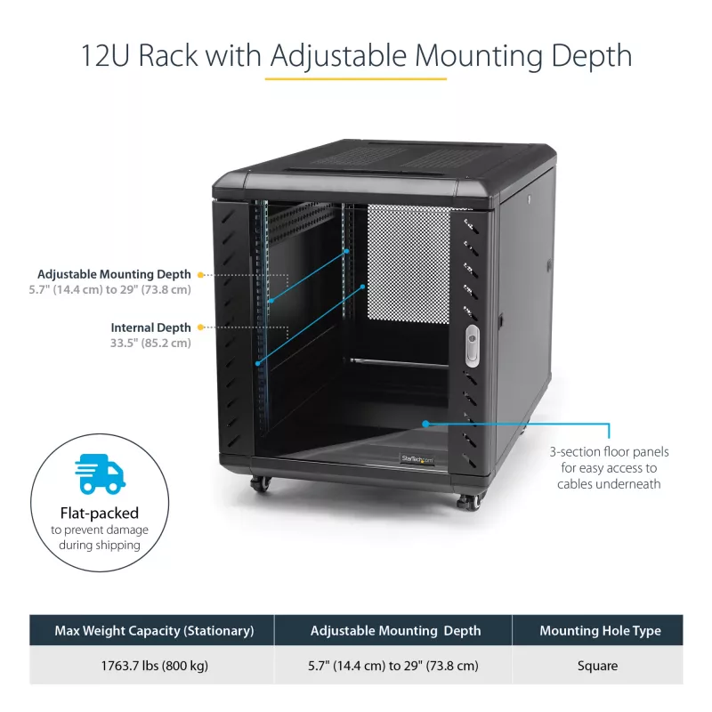 StarTech.com armadio rack 12U a 4 montanti, armadio dati 19 inch con chiusura per apparecchiature informatiche/AV/IT, rack per ufficio/rete domestica con ruote e guide di montaggio regolabili