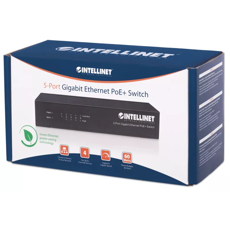 Intellinet Switch Gigabit Ethernet PoE+ a 5 porte, 4 porte PSE, conforme IEEE 802.3at/af Power over Ethernet (PoE+/PoE), 60 W, desktop