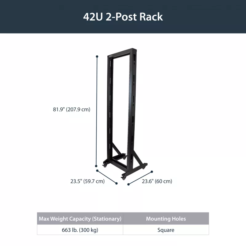 StarTech.com Rack server open-frame mobile 2 montanti 42U, rack di rete 19 pollici a due montanti con ruote, rack aperto mobile per apparecchiature AV/dati/media/IT, rack per computer per casa/ufficio - ruote incluse