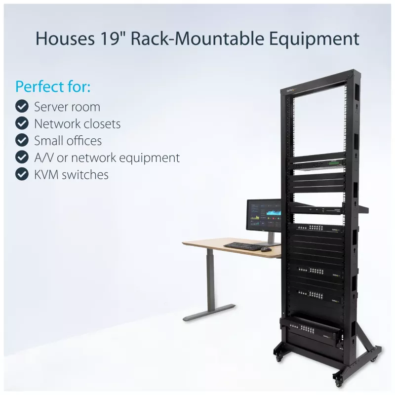 StarTech.com Rack server open-frame mobile 2 montanti 42U, rack di rete 19 pollici a due montanti con ruote, rack aperto mobile per apparecchiature AV/dati/media/IT, rack per computer per casa/ufficio - ruote incluse
