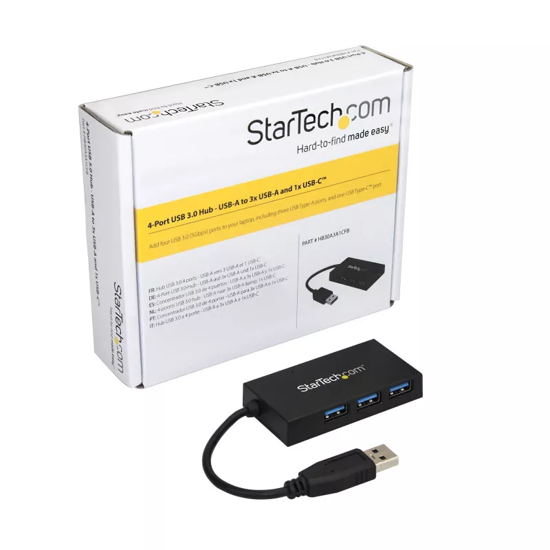 StarTech.com hub USB 3.0 4 porte - hub USB Type-A con 1x USB-C e 3x USB-A (SuperSpeed 5 Gbit/s) - alimentazione bus USB - hub adattatore USB 3.1 Gen 1 - hub USB portatile/per laptop
