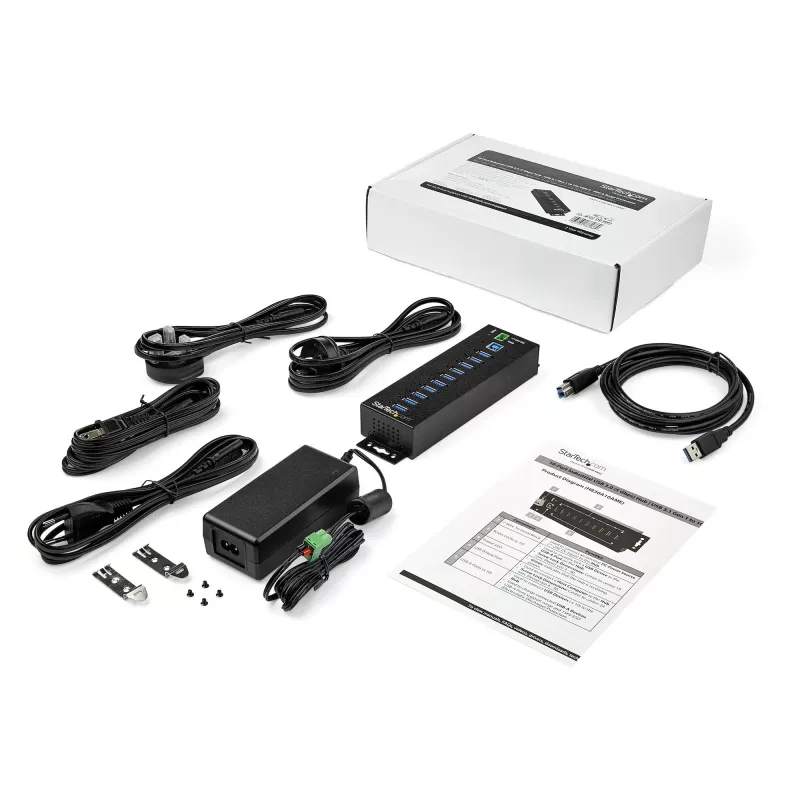 StarTech.com hub USB 3.0 a 10 porte con alimentatore - hub USB-A industriale in metallo con protezione ESD e da sovratensione 350 W – montaggio su guida DIN/parete/tavolo – hub High-Speed USB 3.2 Gen 1 (5 Gbit/s)