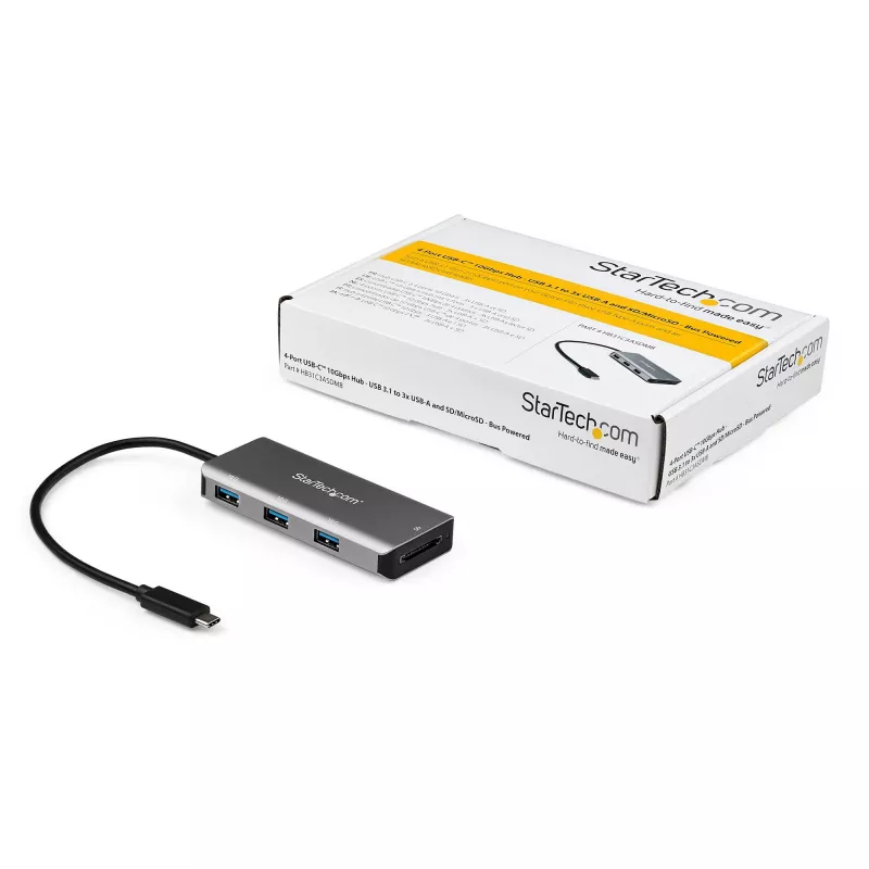StarTech.com HB31C3ASDMB hub USB-C a 3 porte con lettore di schede SD, 3x USB-A, 10 Gbps, USB 3.1, alimentato da bus, cavo da 25 cm, compatibile con Thunderbolt 3