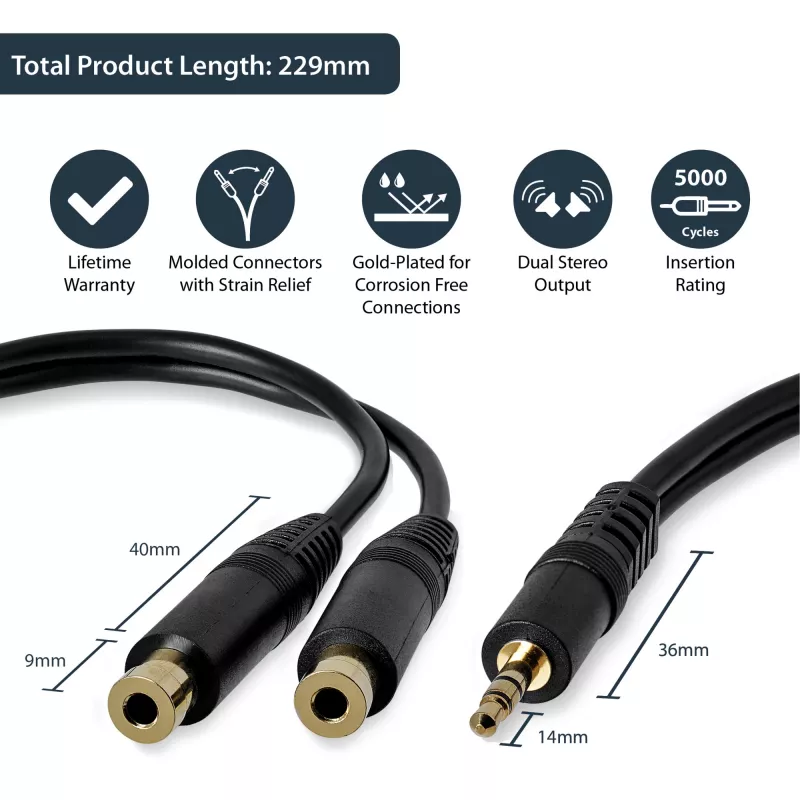 StarTech.com cavo splitter stereo da 15 cm – connettore maschio 3,5 mm a 2x connettore femmina 3,5 mm