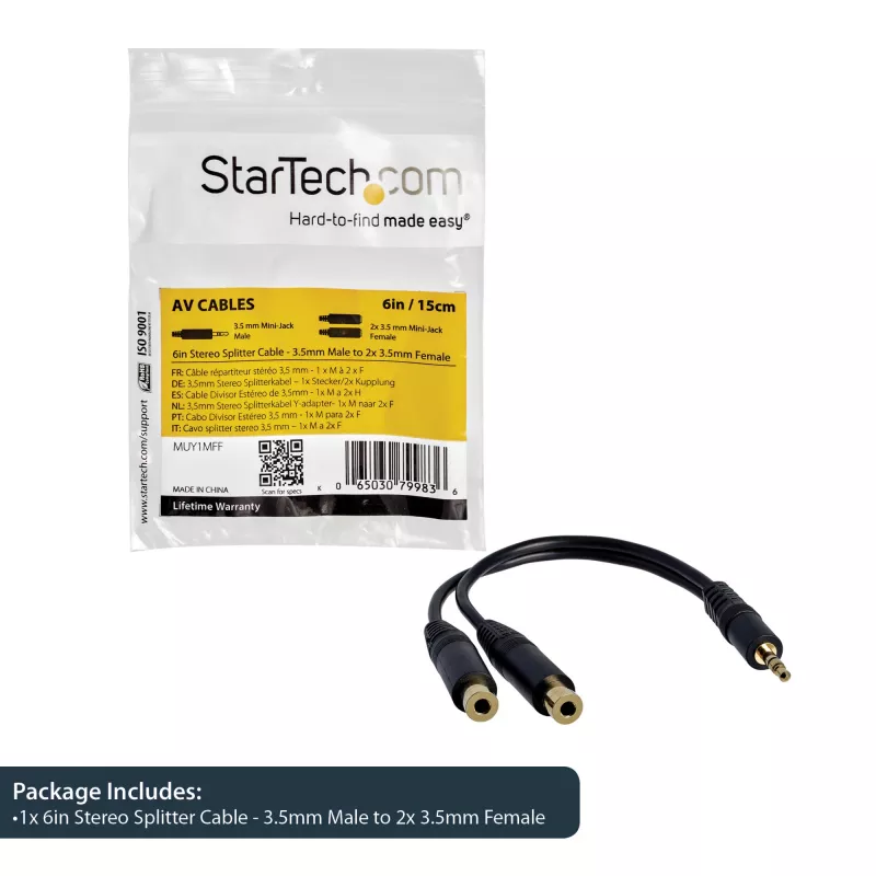 StarTech.com cavo splitter stereo da 15 cm – connettore maschio 3,5 mm a 2x connettore femmina 3,5 mm