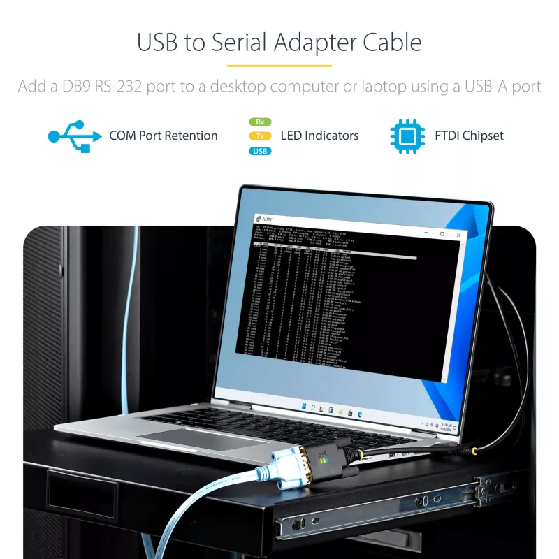 StarTech.com cavo adattatore da USB a seriale 3 m, mantenimento COM, viti/dadi sostituibili, da USB-A a DB9 RS232, IC FTDI, protezione ESD, Windows/macOS/Linux