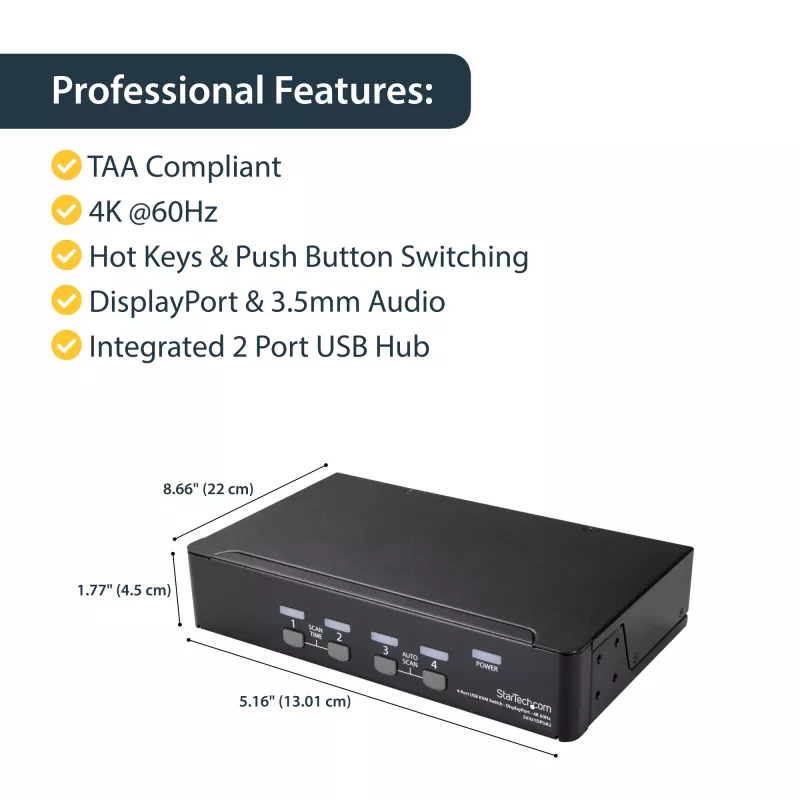 StarTech.com switch KVM DisplayPort a 4 porte – 4K 60 Hz – schermo singolo – switch KVM DP 1.2 UHD dual-port USB con hub USB 2.0 integrato e audio – Dell, HP, Apple, Lenovo – conforme TAA
