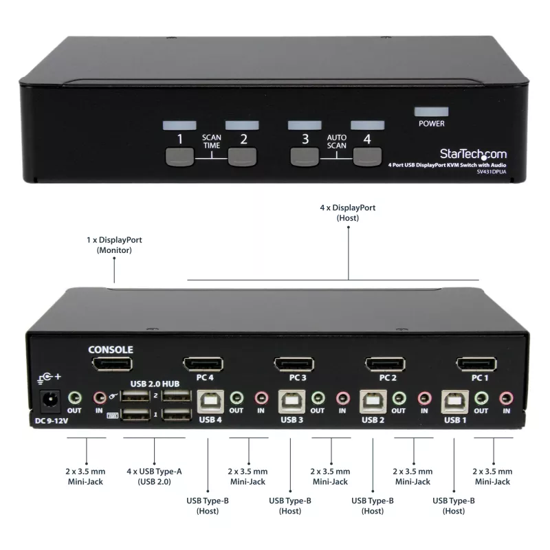StarTech.com switch KVM DisplayPort a 4 porte – 4K 60 Hz – schermo singolo – switch KVM DP 1.2 UHD dual-port USB con hub USB 2.0 integrato e audio – Dell, HP, Apple, Lenovo – conforme TAA