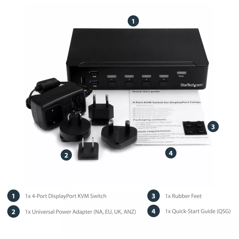 StarTech.com switch KVM DisplayPort a 4 porte – 4K 60 Hz – schermo singolo – switch KVM DP 1.2 UHD dual-port USB con hub USB 2.0 integrato e audio – Dell, HP, Apple, Lenovo – conforme TAA