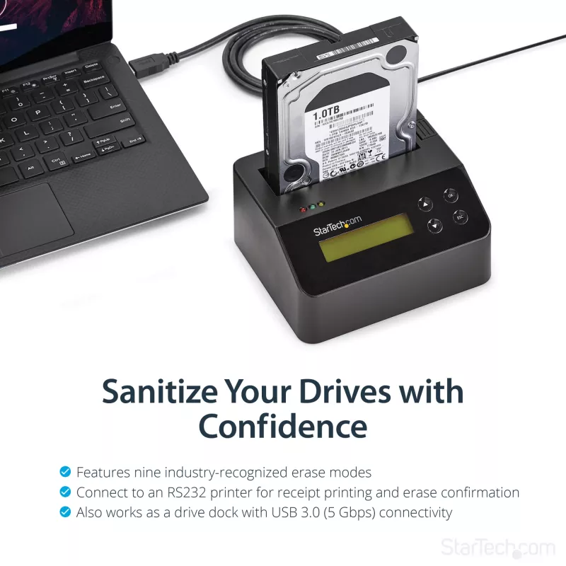 StarTech.com cancellatore di dischi a singolo vano, sanificatore HDD/SSD standalone, USB 3.0 a SATA II (3 Gbit/s), 9 modalità di cancellazione, display LCD, dock sanificatore per cancellazione sicura dei dischi, porta stampante DB-9, conforme TAA