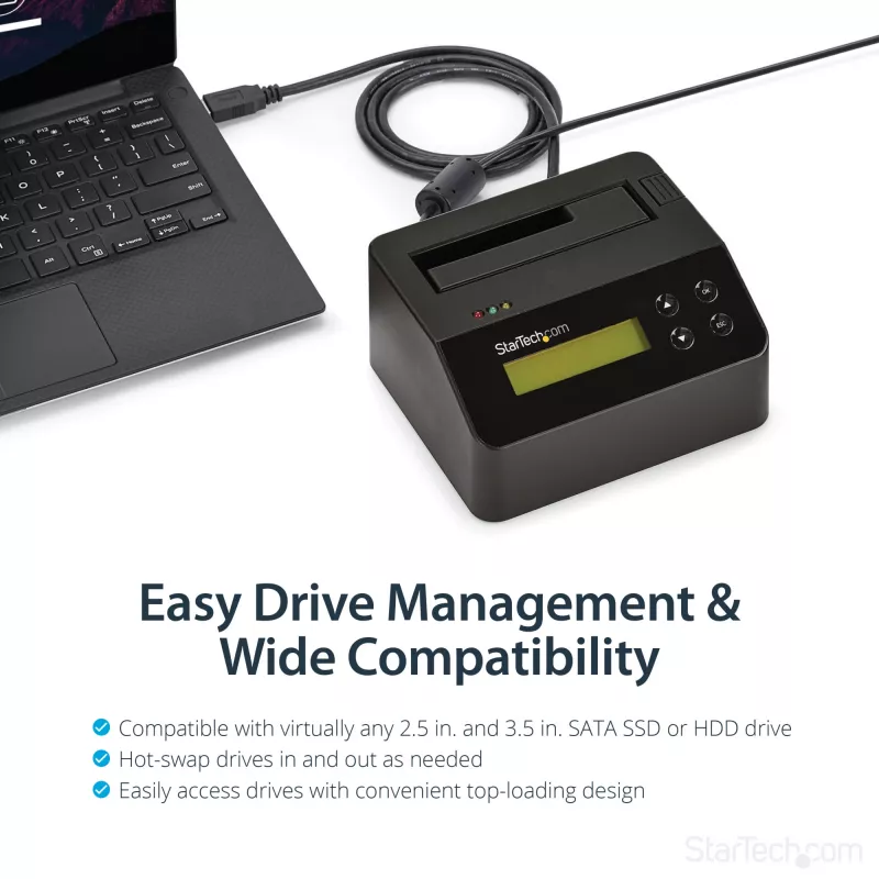 StarTech.com cancellatore di dischi a singolo vano, sanificatore HDD/SSD standalone, USB 3.0 a SATA II (3 Gbit/s), 9 modalità di cancellazione, display LCD, dock sanificatore per cancellazione sicura dei dischi, porta stampante DB-9, conforme TAA