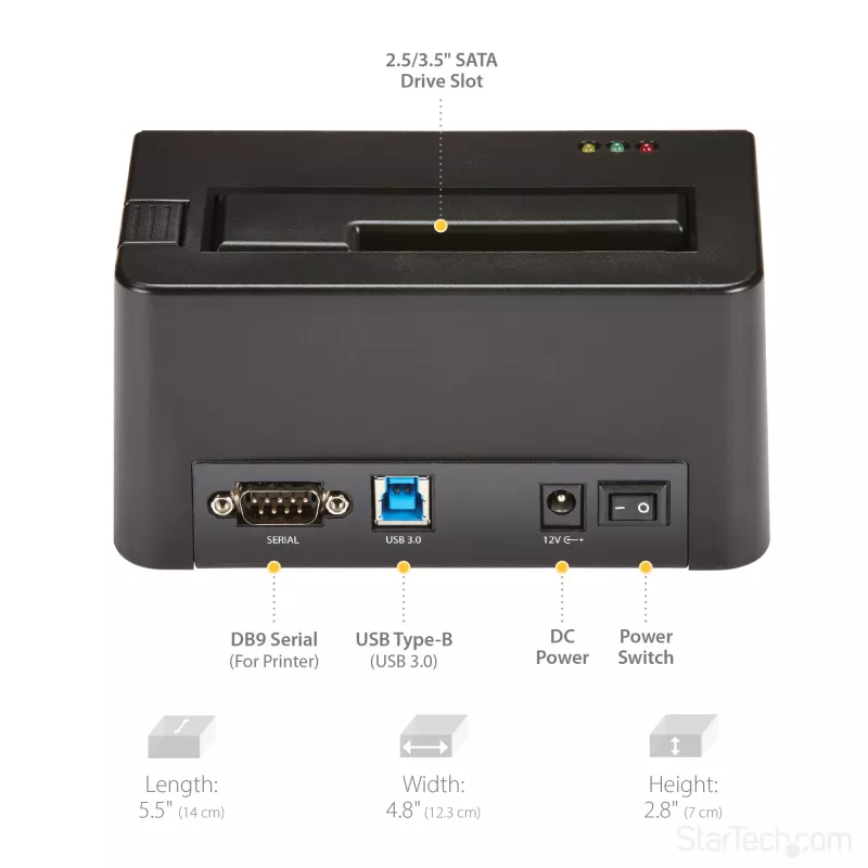 StarTech.com cancellatore di dischi a singolo vano, sanificatore HDD/SSD standalone, USB 3.0 a SATA II (3 Gbit/s), 9 modalità di cancellazione, display LCD, dock sanificatore per cancellazione sicura dei dischi, porta stampante DB-9, conforme TAA