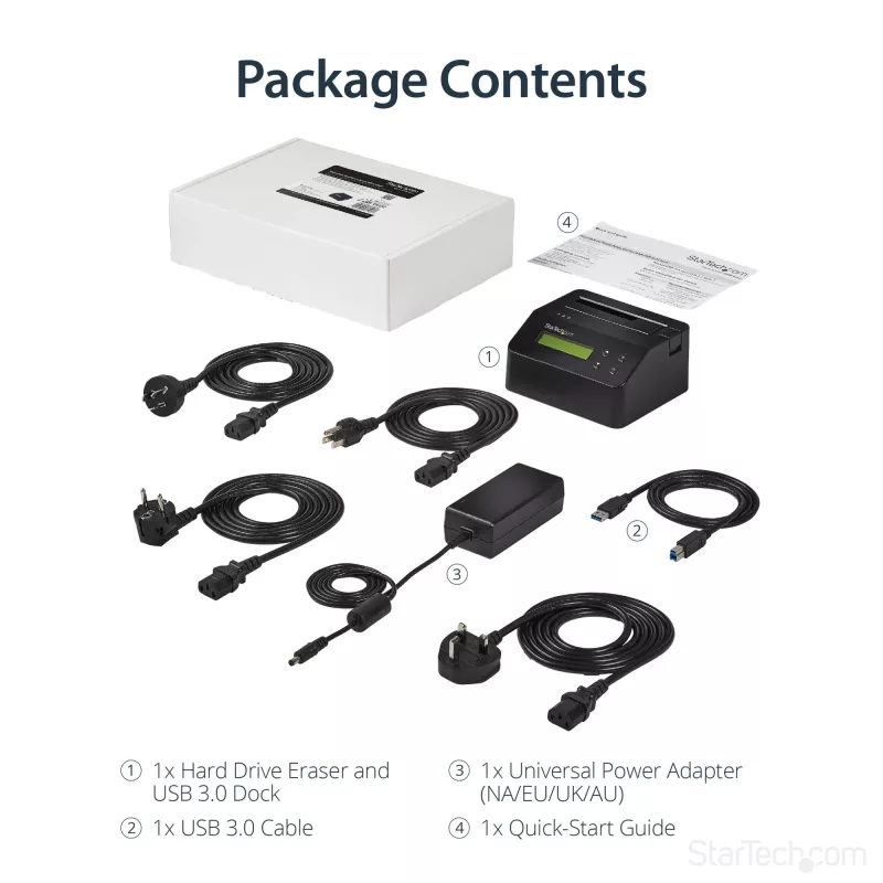 StarTech.com cancellatore di dischi a singolo vano, sanificatore HDD/SSD standalone, USB 3.0 a SATA II (3 Gbit/s), 9 modalità di cancellazione, display LCD, dock sanificatore per cancellazione sicura dei dischi, porta stampante DB-9, conforme TAA