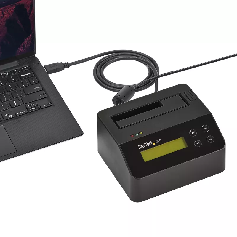 StarTech.com cancellatore di dischi a singolo vano, sanificatore HDD/SSD standalone, USB 3.0 a SATA II (3 Gbit/s), 9 modalità di cancellazione, display LCD, dock sanificatore per cancellazione sicura dei dischi, porta stampante DB-9, conforme TAA