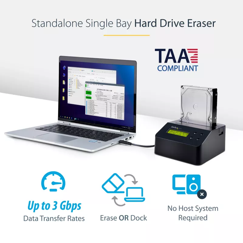 StarTech.com cancellatore di dischi a singolo vano, sanificatore HDD/SSD standalone, USB 3.0 a SATA II (3 Gbit/s), 9 modalità di cancellazione, display LCD, dock sanificatore per cancellazione sicura dei dischi, porta stampante DB-9, conforme TAA