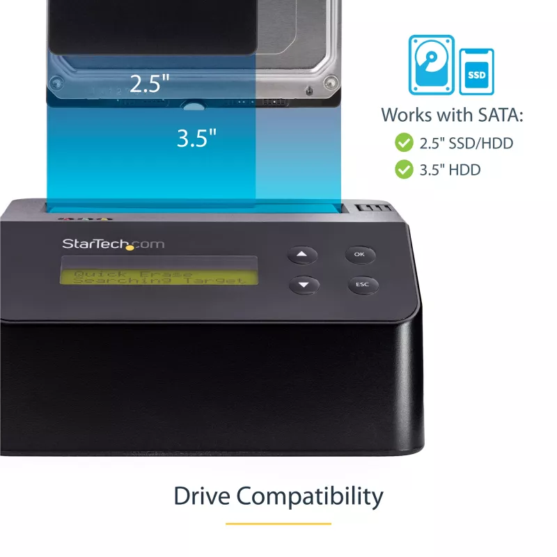 StarTech.com cancellatore di dischi a singolo vano, sanificatore HDD/SSD standalone, USB 3.0 a SATA II (3 Gbit/s), 9 modalità di cancellazione, display LCD, dock sanificatore per cancellazione sicura dei dischi, porta stampante DB-9, conforme TAA