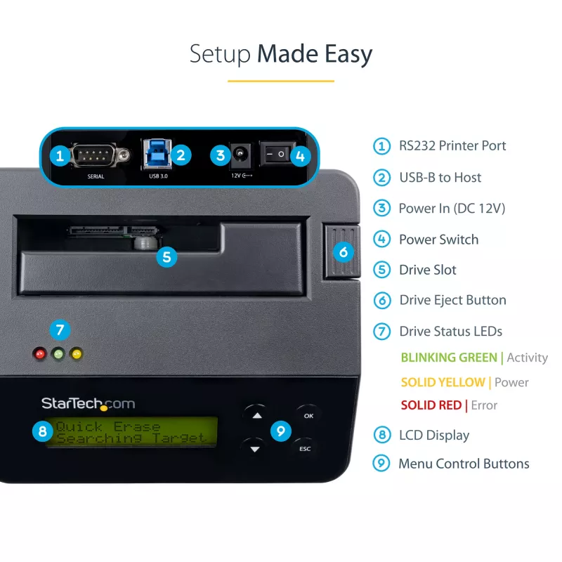StarTech.com cancellatore di dischi a singolo vano, sanificatore HDD/SSD standalone, USB 3.0 a SATA II (3 Gbit/s), 9 modalità di cancellazione, display LCD, dock sanificatore per cancellazione sicura dei dischi, porta stampante DB-9, conforme TAA