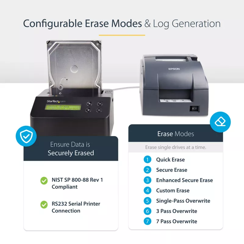 StarTech.com cancellatore di dischi a singolo vano, sanificatore HDD/SSD standalone, USB 3.0 a SATA II (3 Gbit/s), 9 modalità di cancellazione, display LCD, dock sanificatore per cancellazione sicura dei dischi, porta stampante DB-9, conforme TAA