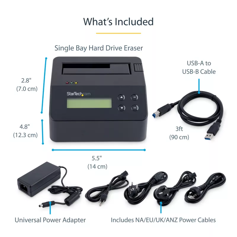 StarTech.com cancellatore di dischi a singolo vano, sanificatore HDD/SSD standalone, USB 3.0 a SATA II (3 Gbit/s), 9 modalità di cancellazione, display LCD, dock sanificatore per cancellazione sicura dei dischi, porta stampante DB-9, conforme TAA