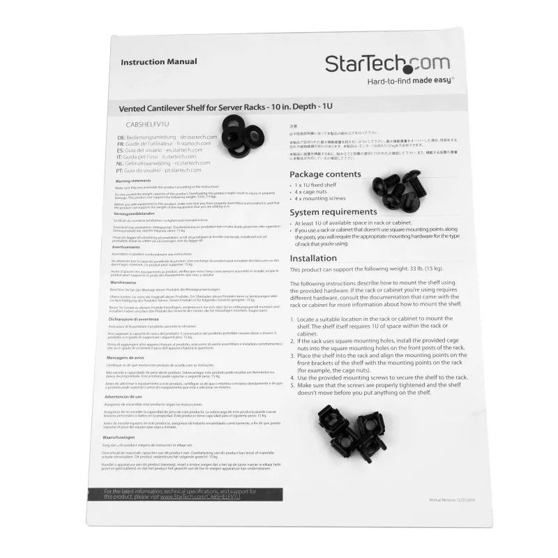 StarTech.com ripiano per rack server 1U – ripiano universale ventilato con braccio a sbalzo per armadio e case di rete da 19 pollici – robusto in acciaio – portata 20 kg – ripiano profondo 10 pollici, nero